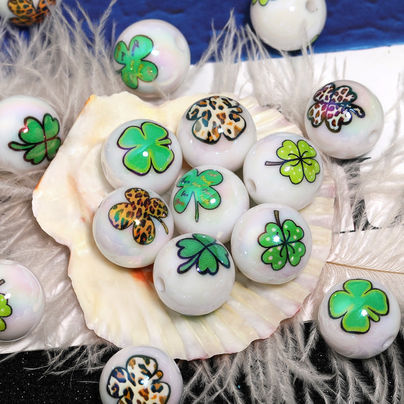 Wholesale 50pcs Leopard print wave dot four-leaf clover printed round beads acrylic lucky grass beads DIY mobile phone chain beaded pen accessories