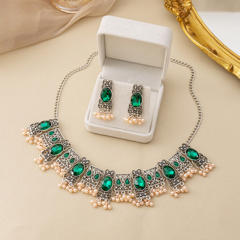 Wholesale Vintage Emerald Ethnic Style Square Tassel Rice Beads Earrings Necklace Set