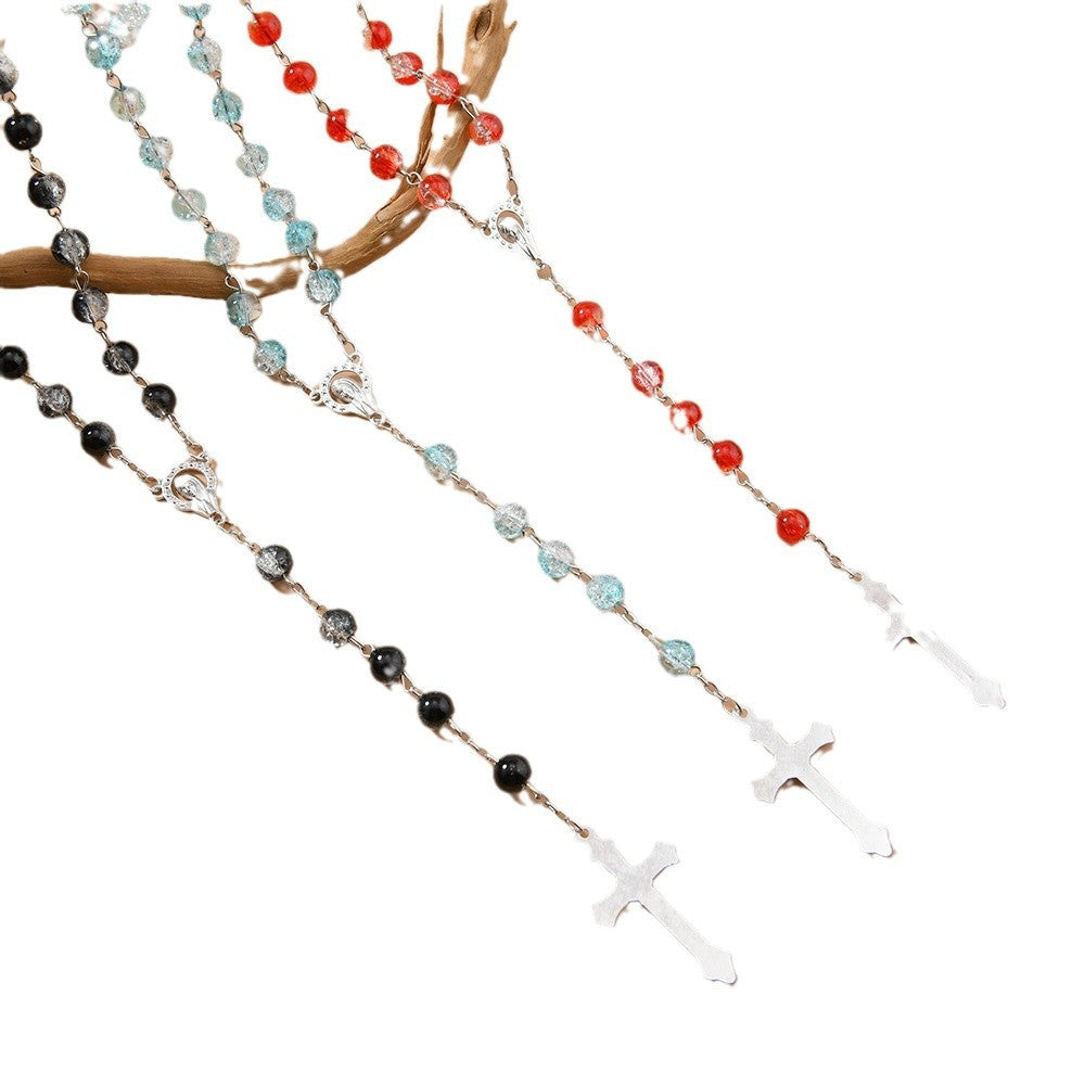 Wholesale 10pcs/pack 8mm floral glass bead cross rosary necklace