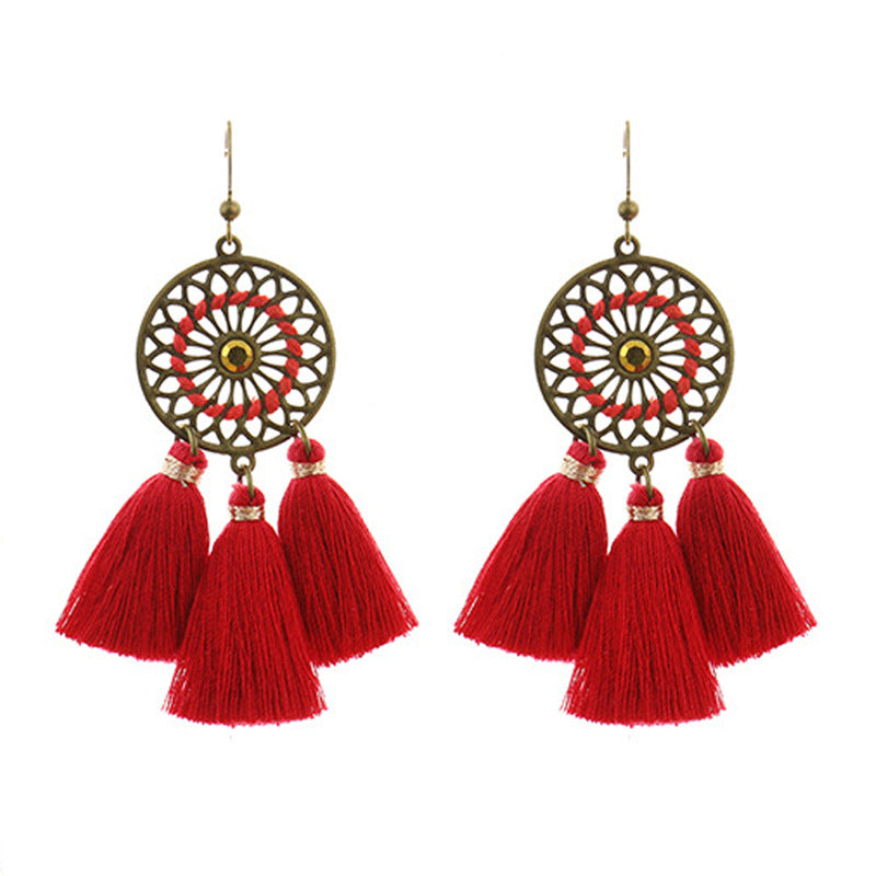 Wholesale Bohemian Red Vintage Tassel Dream Catcher Earrings