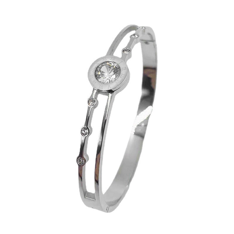 Wholesale Rose Gold Titanium Steel Double Hollow Roman Numeral Single Diamond Bracelet