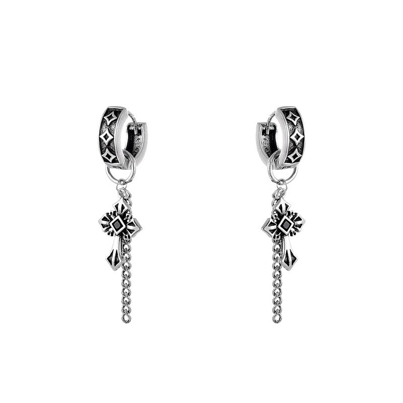 Wholesale Gothic style retro distressed dark cross tassel earrings