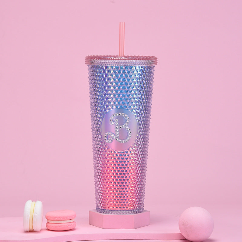 Wholesale double-layer plastic 710ml large capacity straw cup with hand durian diamond cup