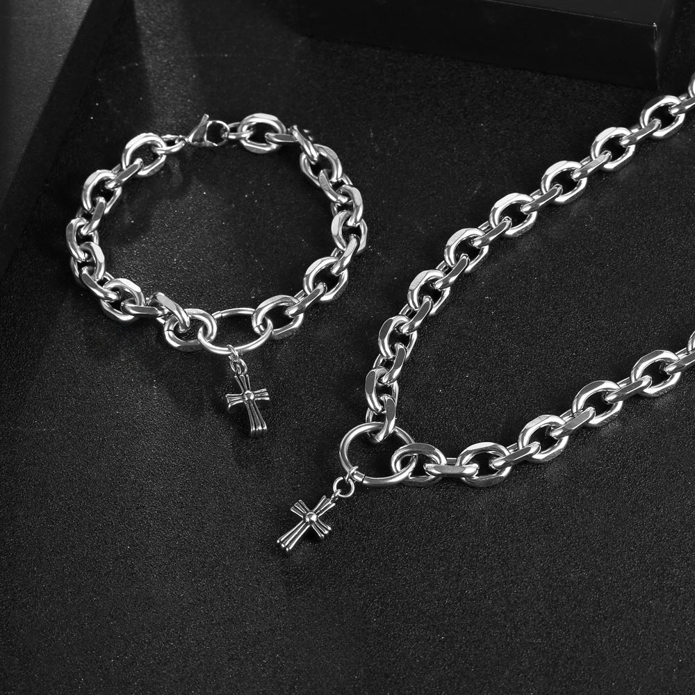Wholesale Men's Titanium Steel Cross Necklace Bracelet Set