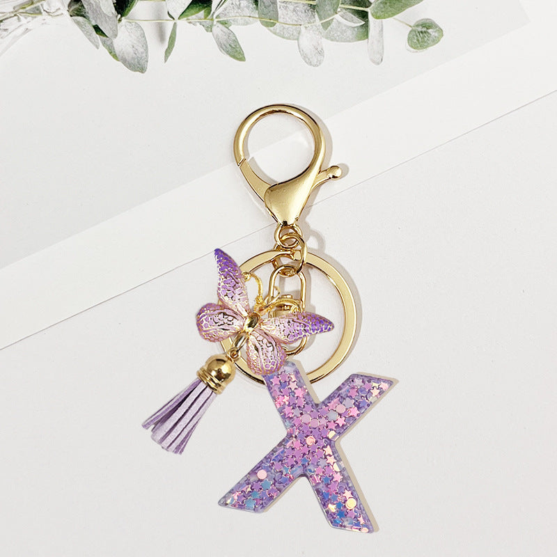 Wholesale Pink sequined butterfly 26 letter Sequin Keychain