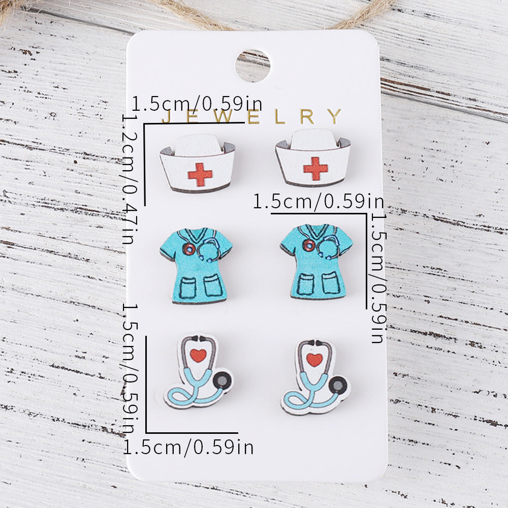 Wholesale Nurse' s Day Stethoscope Nurse Cute Heart and Lung Organs Wooden Earrings