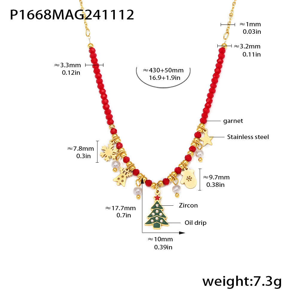 Wholesale Stainless steel 18K real gold plated Christmas enamel zircon necklace