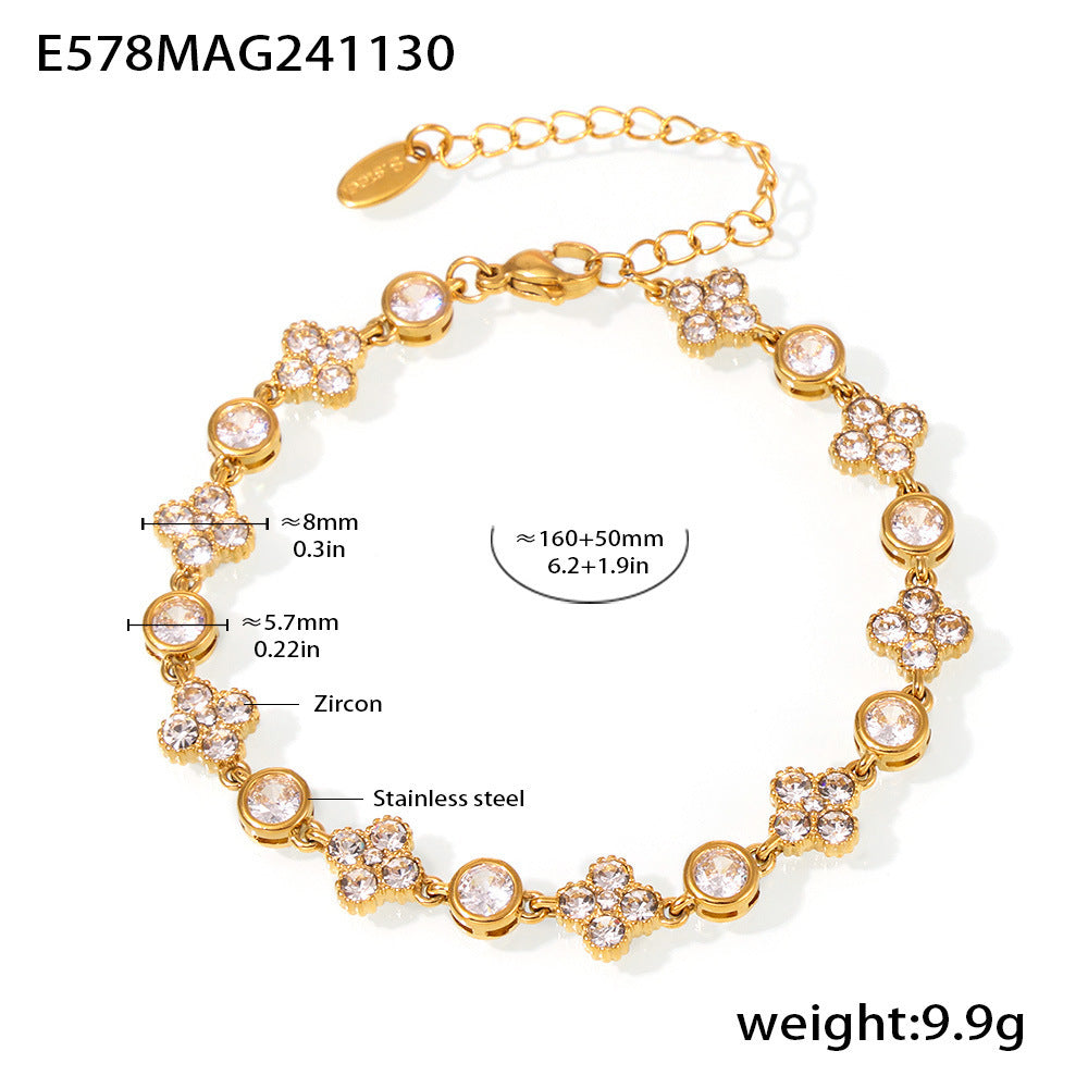Wholesale Stainless Steel Plum Blossom Round Diamond Hand-assembled Zircon Plated 18k Real Gold Bracelet