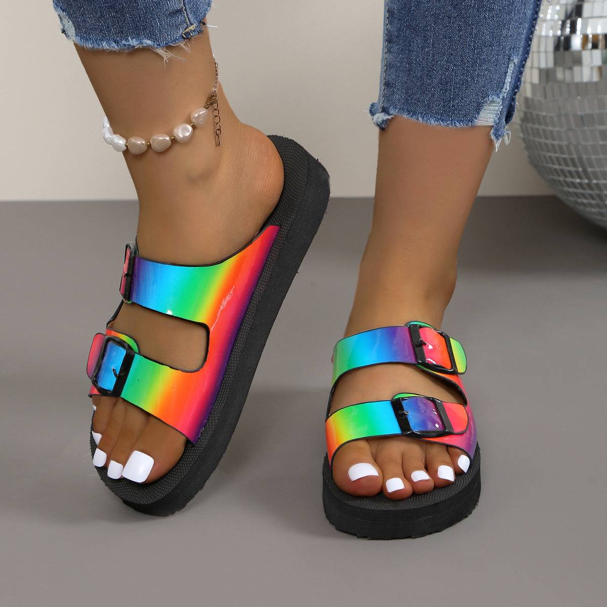 Wholesale Fashion Thick Bottom Buckle Rainbow -colored Cold Slippers