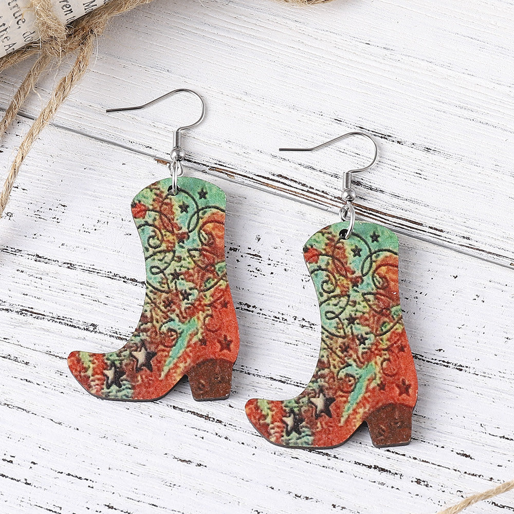 Wholesale Western Cowboy Boots Hat Wooden Earrings