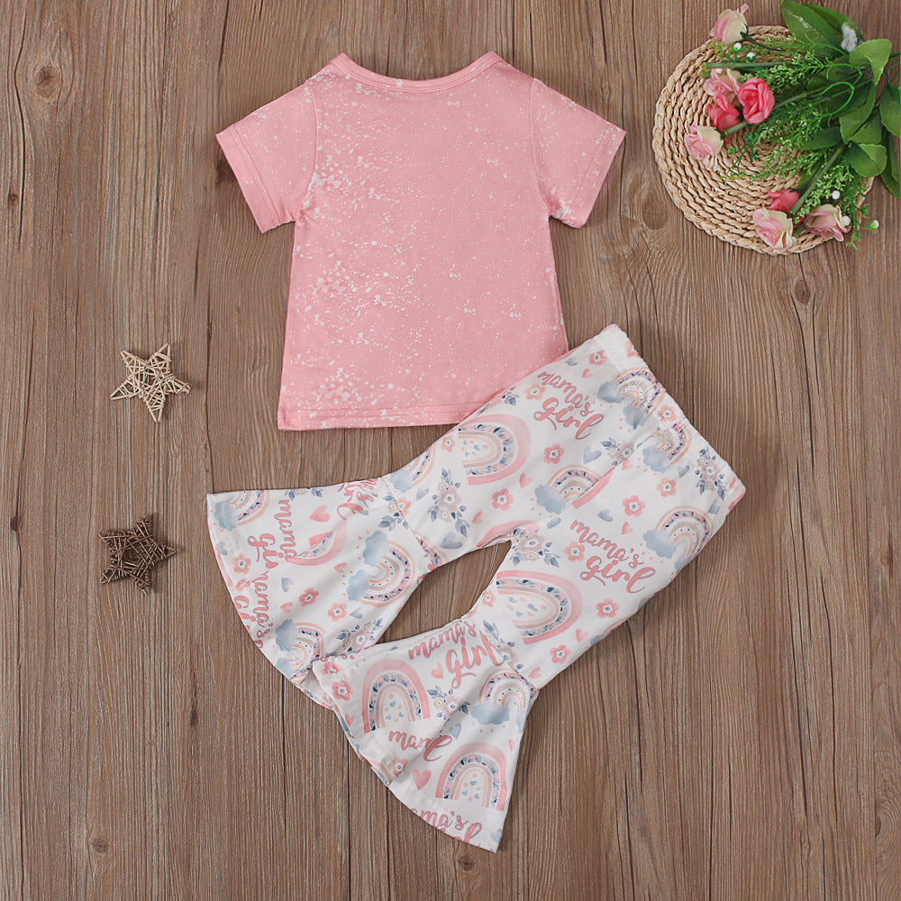 Wholesale Children's Rainbow Print Short Sleeve Bell Bottoms Two Piece Children's Clothing Set