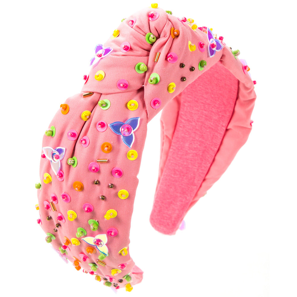 Wholesale Knotted Heart Hand-sewn Rice Bead Sequins Decorated Wide Brim Headband