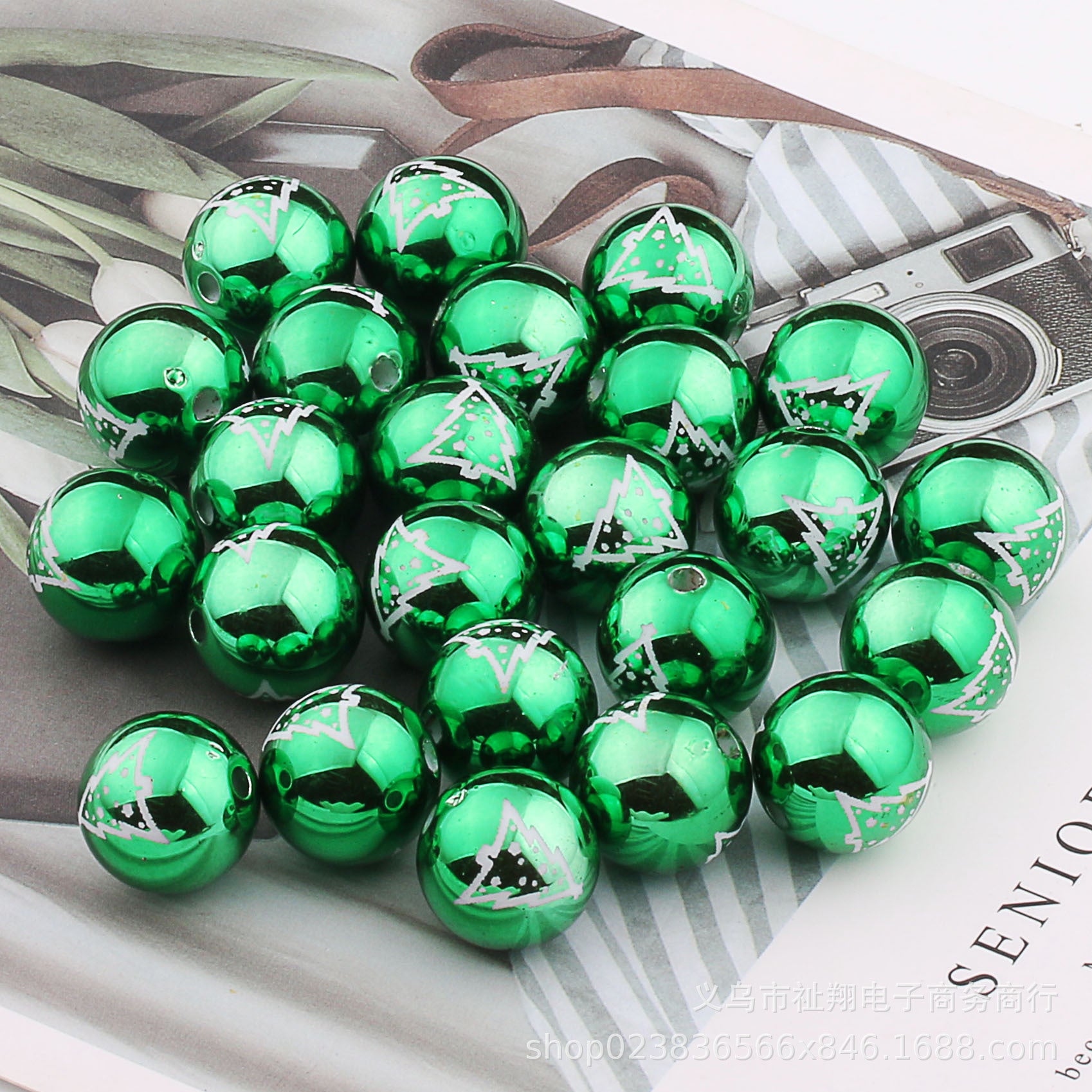 Wholesale 25pcs Christmas Series Acrylic Color Printed Round Beads Gold DIY Pumpkin Beads