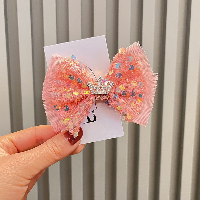 Wholesale Princess Sweet Ribbon Sequin Bow Top Clip Crown Children's Hair Accessories