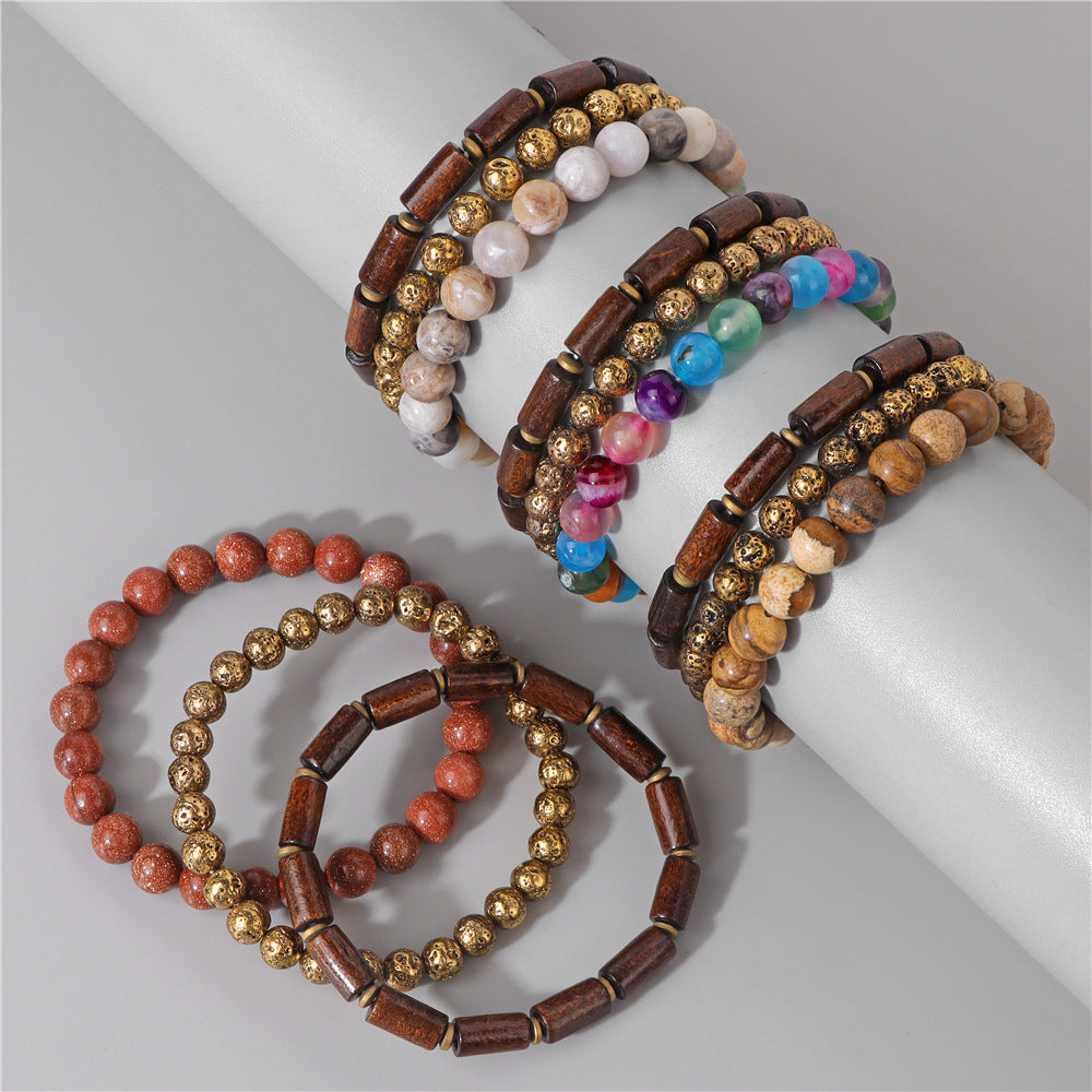 Cuentas de piedra natural al por mayor chapadas de madera de piedra volcánica con brazalete de ágata