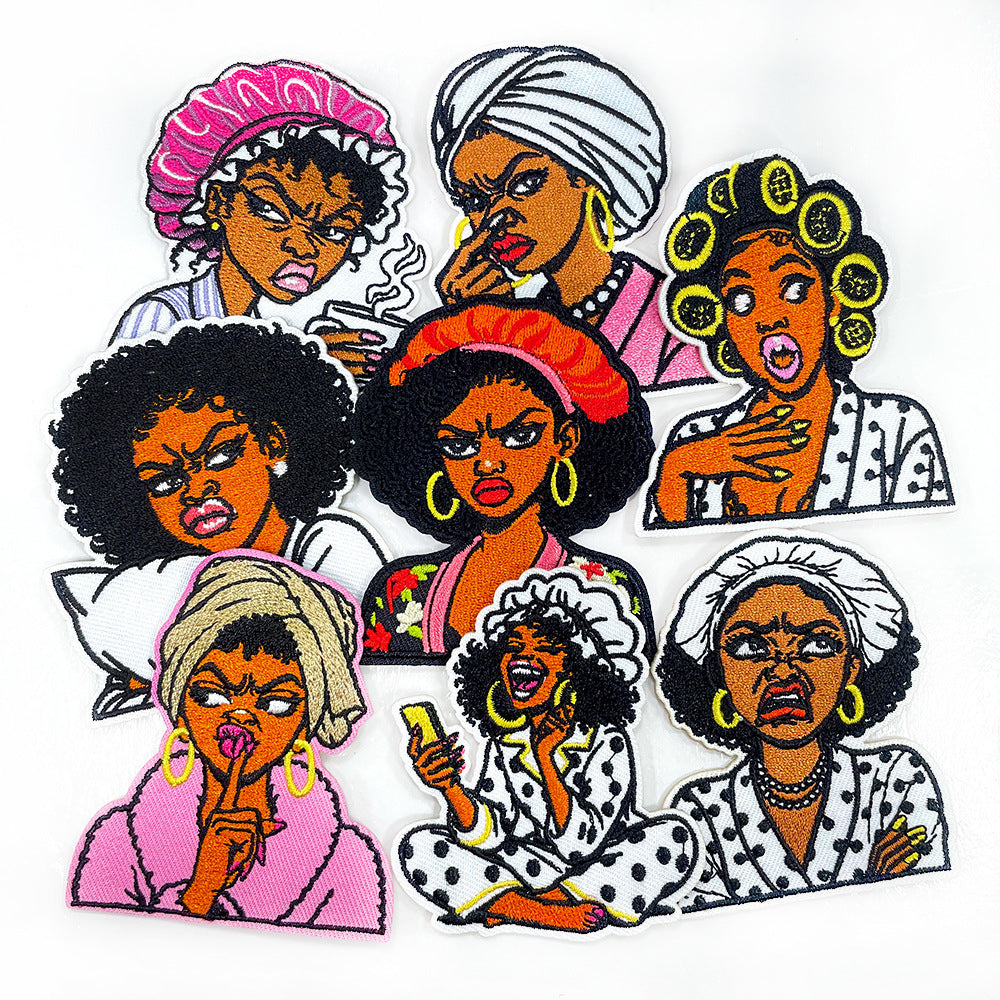 Wholesale Funny Black Girl Pajama Embroidered Patch Sequin Iron On Adhesive Back For Coat Decoration