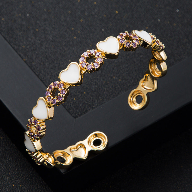 Wholesale  copper inlaid zircon enamel drop oil love heart bracelet Tennis bracelet Open bracelet