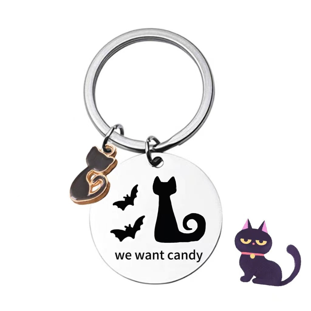 Wholesale Halloween Black Cat Stainless Steel Keychain