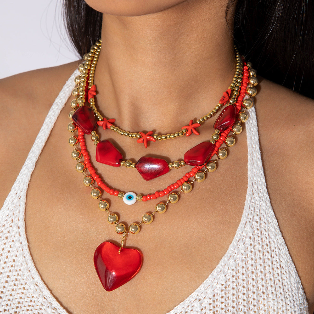 Wholesale Red Heart Geometric Crushed Stone Valentine' s Day Acrylic Necklace