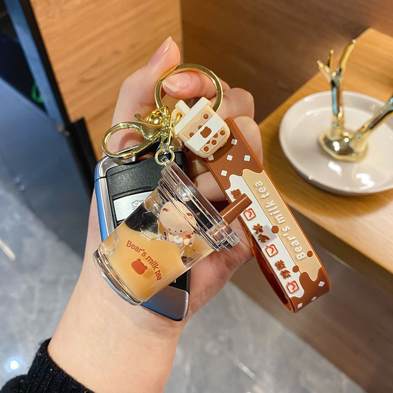 Wholesale bubble tea keychain floating small bear liquid quicksand pendant