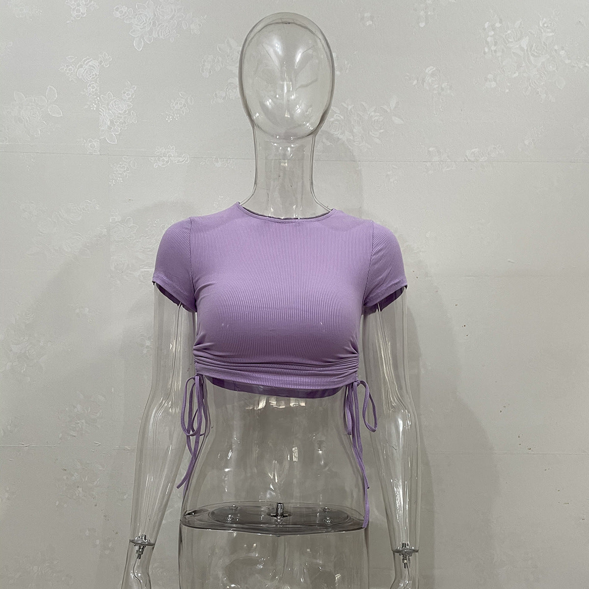 Wholesale Fashion Sexy Navel Stripe Short Drawstring Round Neck Short Sleeve