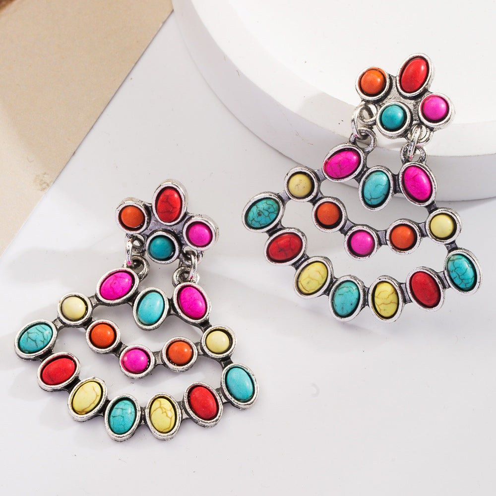 Wholesale Exaggerated turquoise retro layered long earrings