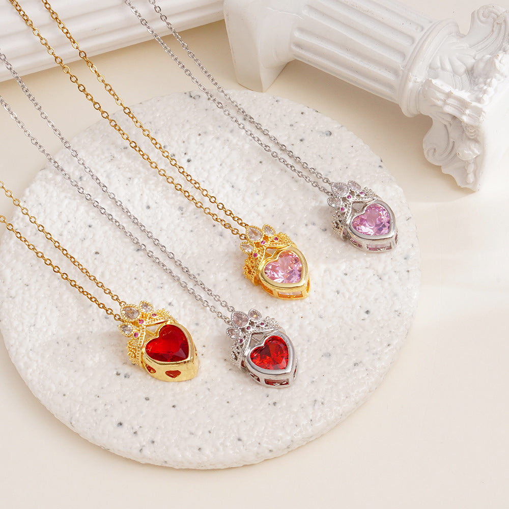 Wholesale Stainless Steel Clavicle Chain Pink Crown Love Necklace Light Luxury Accessories