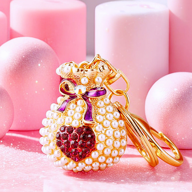 Wholesale Metal Pearl Heart Lucky Bag Keychain Cute Car Key Accessory Bag Charm For Women Gift