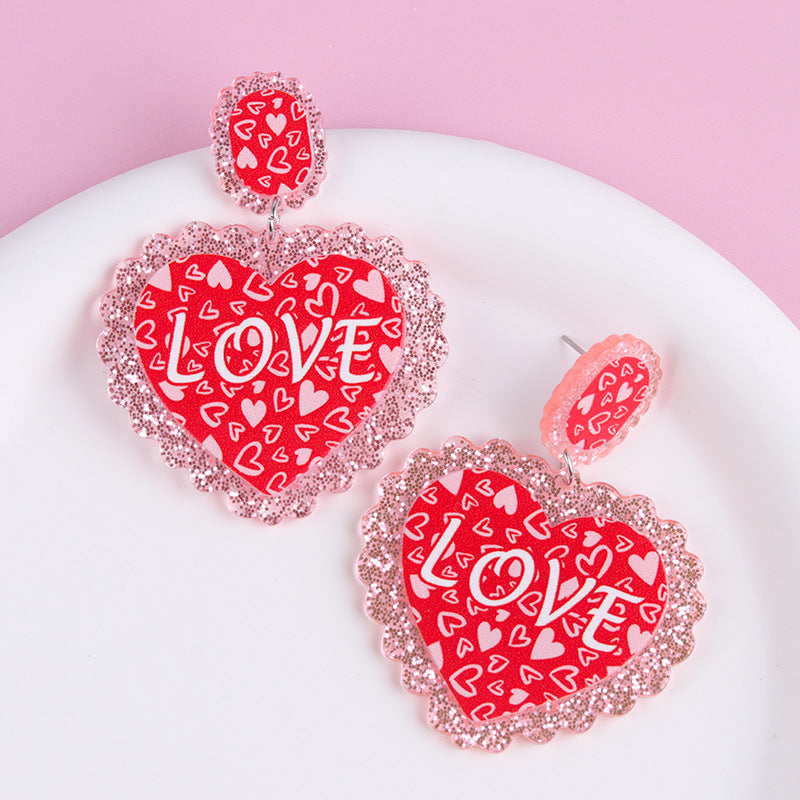 Wholesale Valentine' s Day Heart-shaped LOVE Acrylic Glitter Earrings