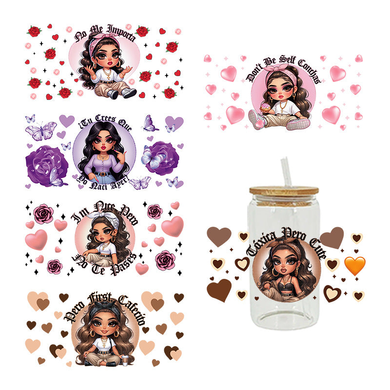 Wholesale Cartoon Cute Sweet Cool Girl Theme 16oz Cup UV DTF Wraps