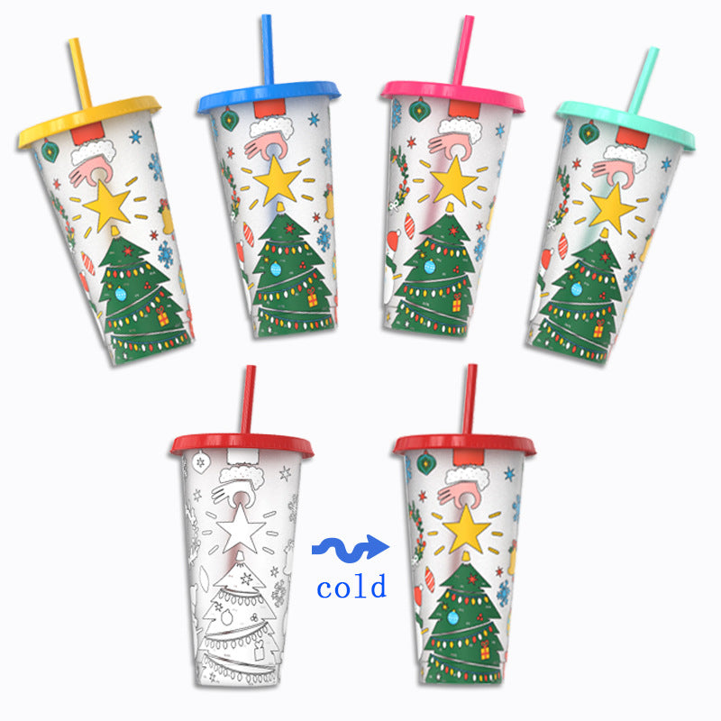 Wholesale Christmas 24oz Pp Material Water Cup Plastic with Straw Changes Color When Exposed to Cold  Student Water Cup