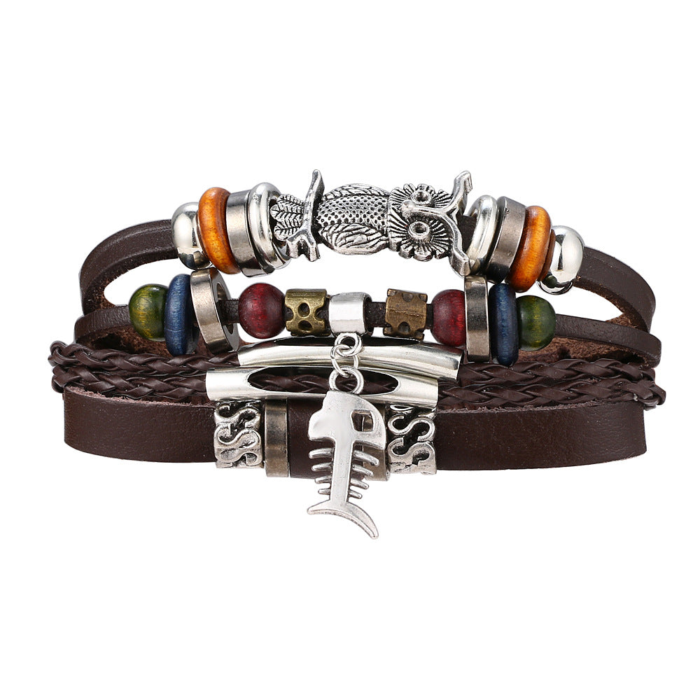 Wholesale Vintage Leaf Handwoven Multi-layer Leather Bracelet