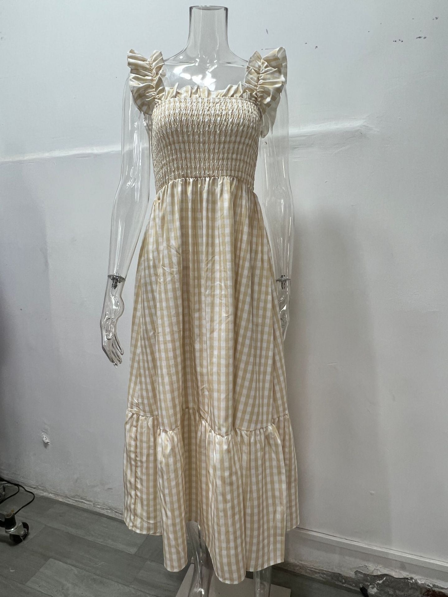 Wholesale Women's Collage Plaid Suspender Elastic Swing Dress