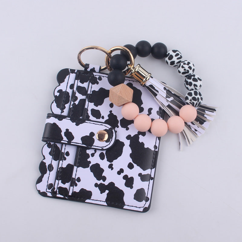Wholesale Cartoon Cow Print Card Holder Wrist PU Keychain