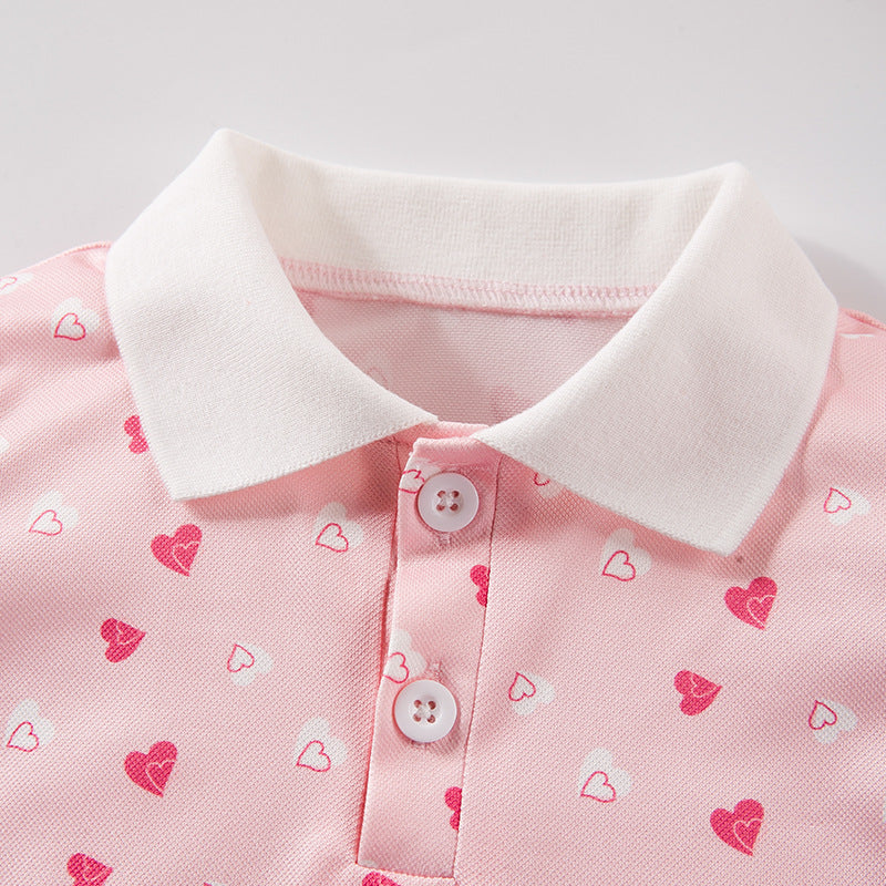 Wholesale Toddler Girl Summer Two Piece Set Pink Heart Print Polo T Shirt With Shorts Korean Style Party Outfit