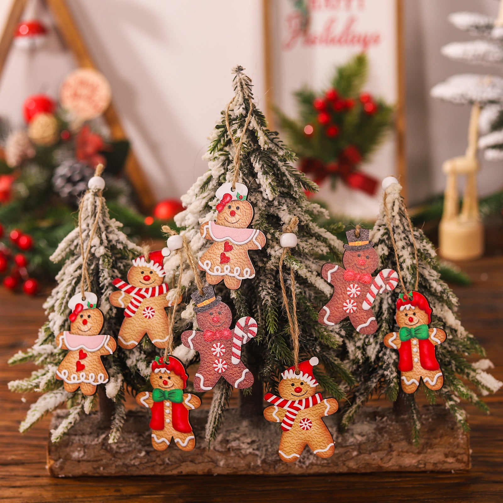 Wholesale Four Square Grid 12pcs Wooden Gingerbread Man Christmas Pendant