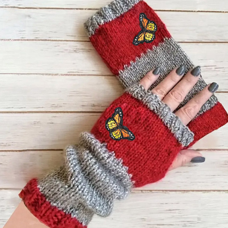 Wholesale Stitched Half Finger Butterfly Embroidered Warm Gloves
