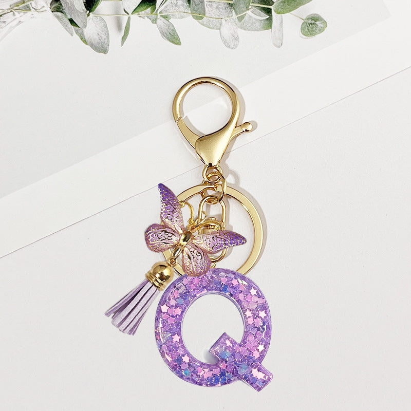 Wholesale Pink sequined butterfly 26 letter Sequin Keychain