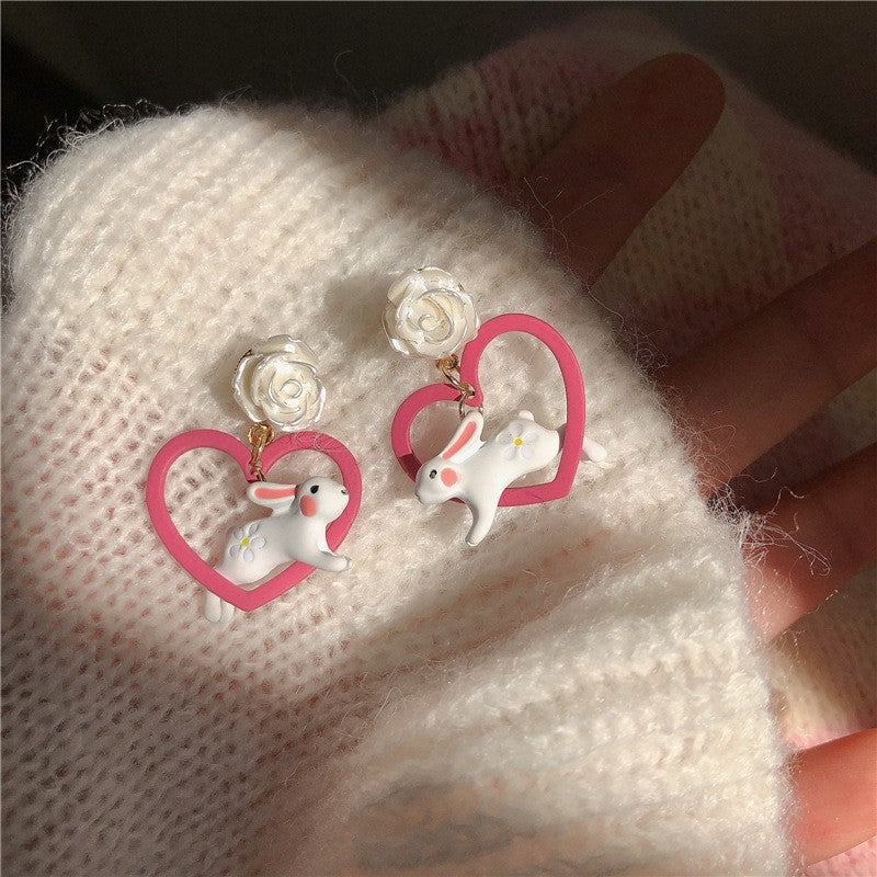 Wholesale 3D Rabbit Pink Peach Heart Alloy Earrings