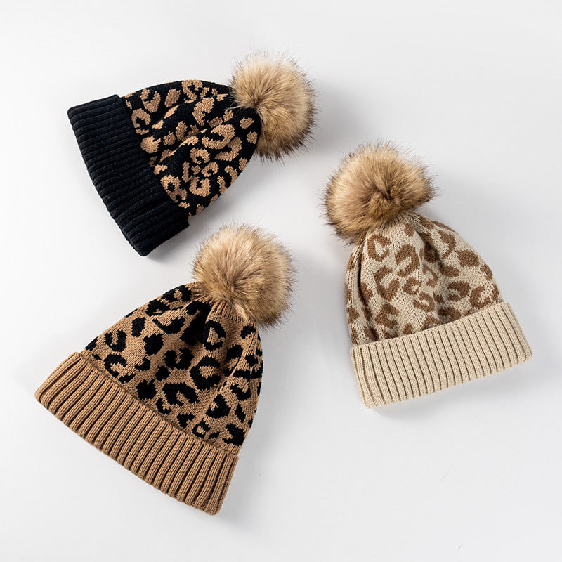 Wholesale Leopard Print Curled Fur Ball Knitted Warm Thickened Hat