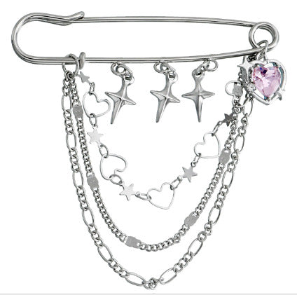 Wholesale Electroplated Alloy Heart Brooch Pin With Chain Tassel Unisex Punk Style Suit Coat Accessory
