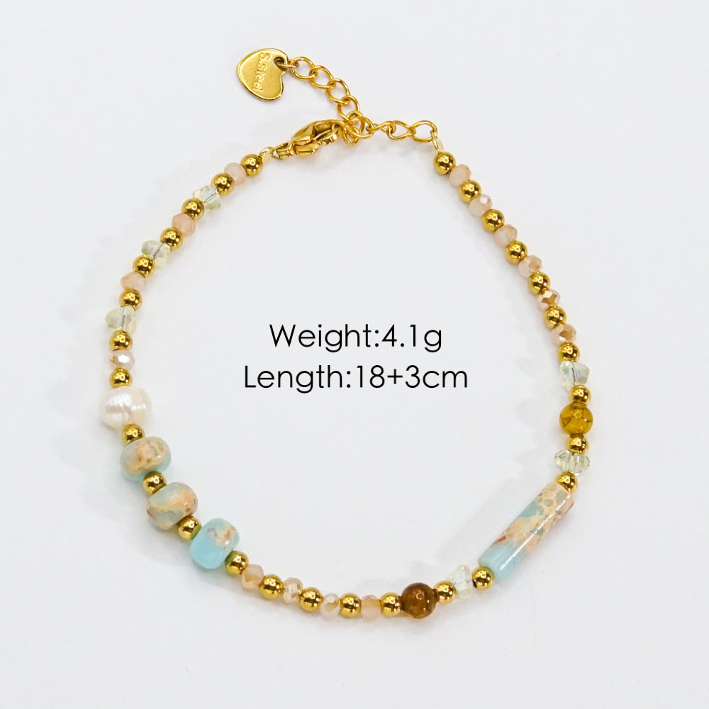 Wholesale Beaded titanium steel natural stone pearl crystal high-end non-fading hand jewelry