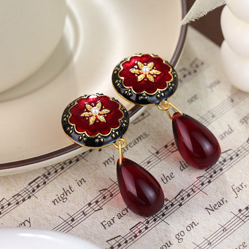Wholesale French Medieval Style Red Oil Drop Retro Flower Earrings