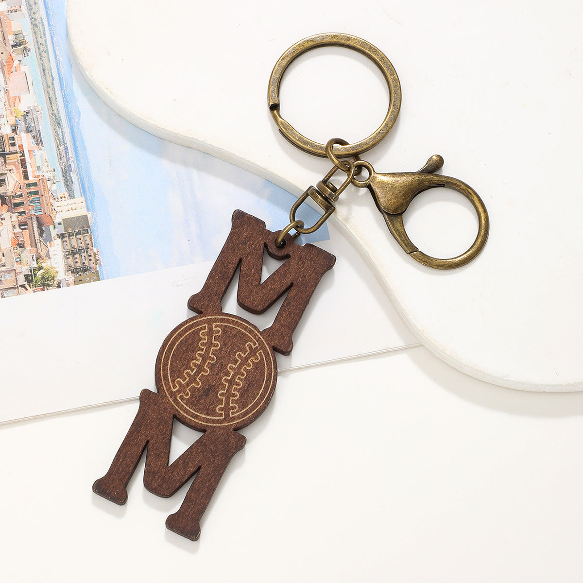 Wholesale Sports Style Ball Baseball Rugby MOM Wood Chip Vintage Keychain
