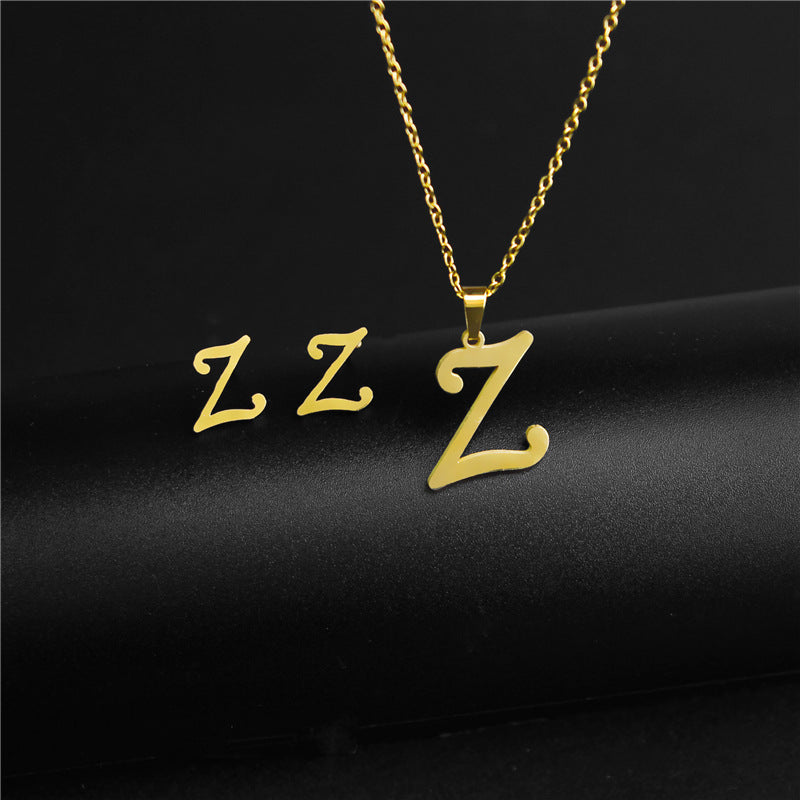 Wholesale Stainless Steel 26 Letter Necklace Earrings Two Piece Set