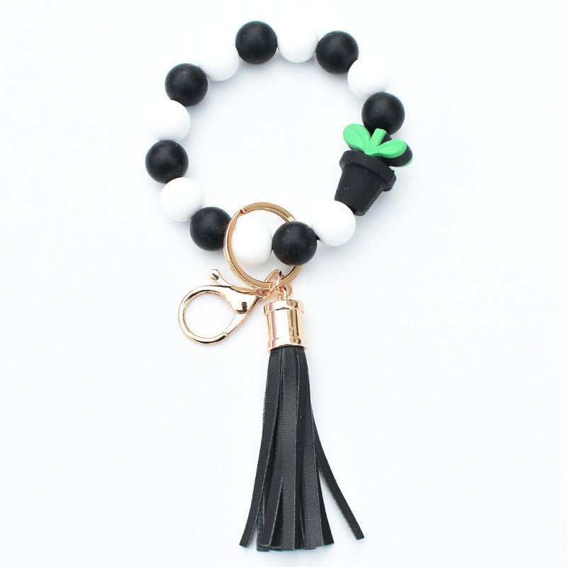 Wholesale Potted Silicone Beaded Leather Tassel Wrist Keychain