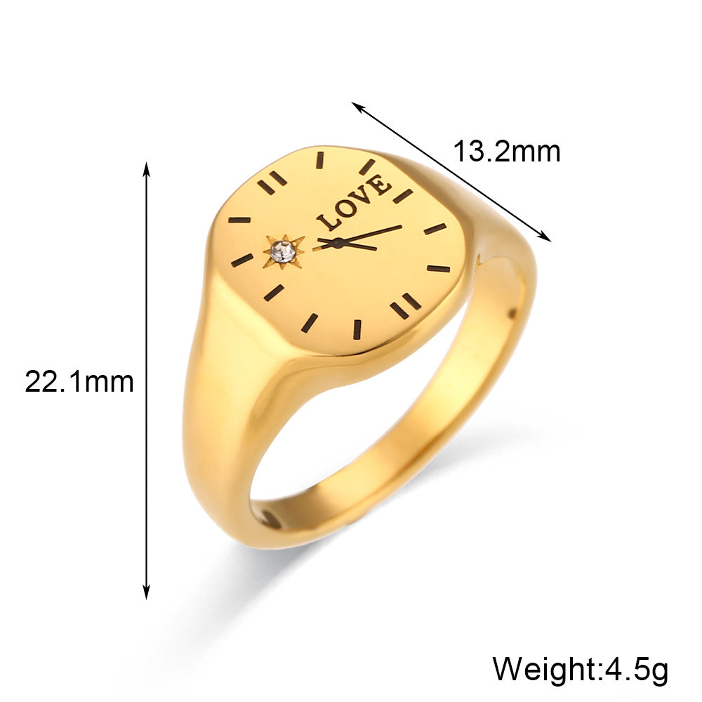 Wholesale Fashion Stainless Steel Plated 18K Gold LOVE Zircon Clock Ring