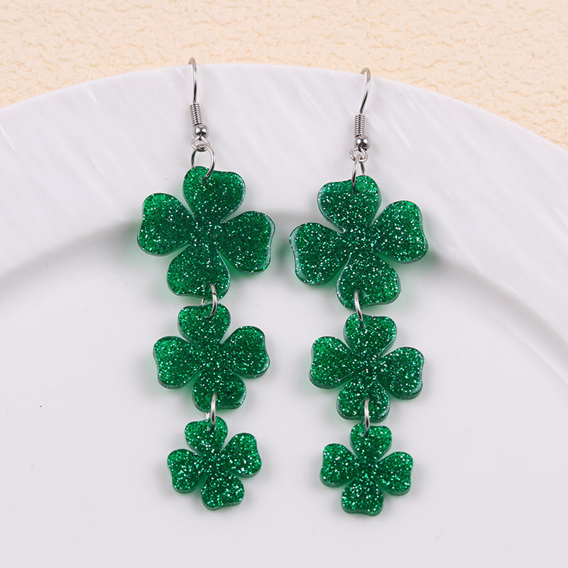 Wholesale Shamrock  St.  Patrick Glitter Lucky Grass  Acrylic Earrings