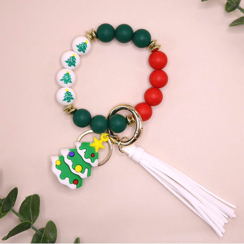 Wholesale 10PCS Silicone Christmas Elk Christmas Tree Beaded Wrist Keychain
