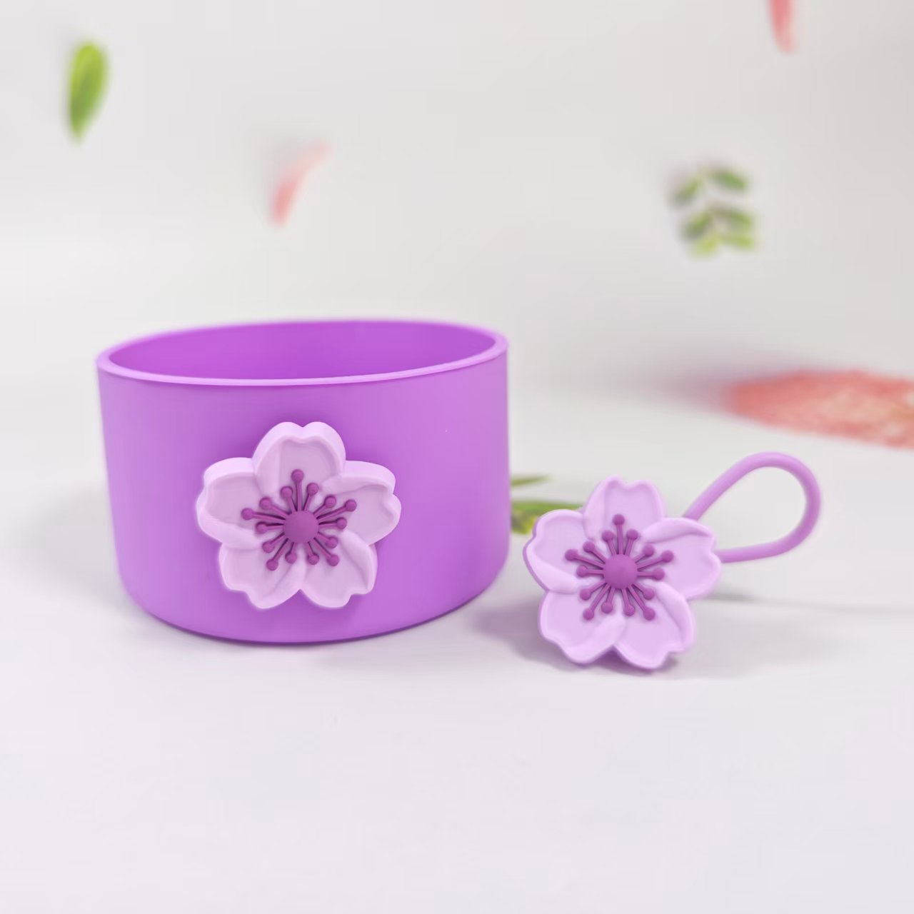 Wholesale Selling silicone insulated cup sleeves flower-decorated cup holders straw caps